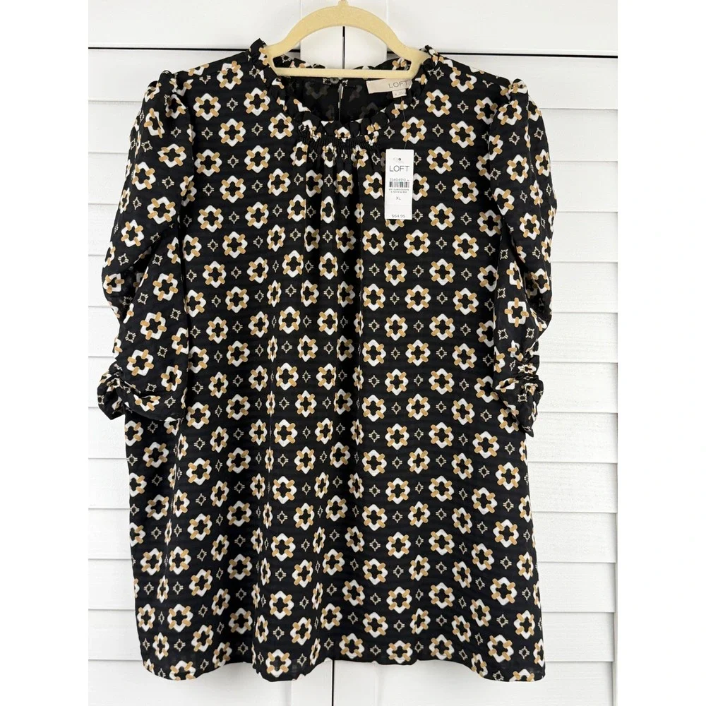 LOFT Blouse XL Black Geometric Ruffle Neck Puff Sleeve NEW